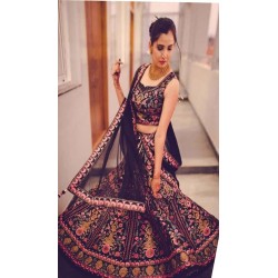 CHARMING BLACK COLORED WEDDING WEAR EMBROIDERED TAFFETA SILK LEHENGA CHOLI